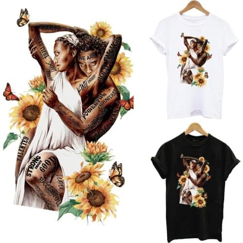 Sunflower Black Girl Iron On Patches For Clothes DIY A-level Washable Thermal Sticker On Clothes Black Men Women Applique Decor