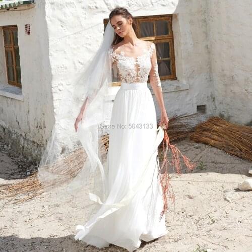 Sexy Transparent Skin Tulle Boho Wedding Dresses with Long Sleeves Ivory Lace Appliques A Line Floor Length Scoop Bridal Gowns