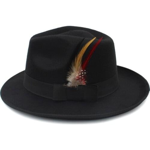Retro Unisex Wool Fedora Derby Trilby Hat Bowknot Ribbon Pheasant Feathers Band Bowler C Crown Teardrop Shape Cap (One Size 58cm