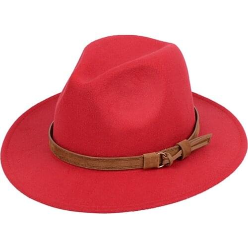 13 Colors Unisex Wide Brim Fedora Hat Woolen Vintage Solid Color Panama Jazz Cap with Leather Belt Women Men Classic Cowboy Hat
