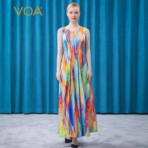 VOA Summer Silk Elastic Satin 28m/m Color Printed Round Neck Thin Waist Comfortable Elastic Sleeveless Womens Dress 2021 AE718