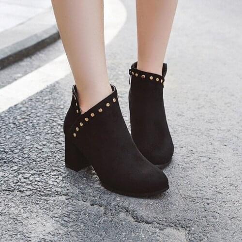 ASHIOFU Wholesale Real Photos Ladies Chunky Heels Boots Faux-suede Rivets Party Ankle Booties Evening Daily Wear Fashion Boots