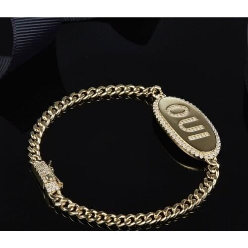 Fashion 925 Sterling Silver Yellow Gold Color Letter OUI Chain Bracelet Micro Cubic Zirconia Stones Women Fine Jewelry