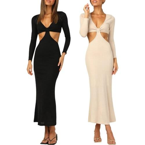 Women Sexy Backless Dress Adults Solid Color Long Sleeve V-neck Cutout