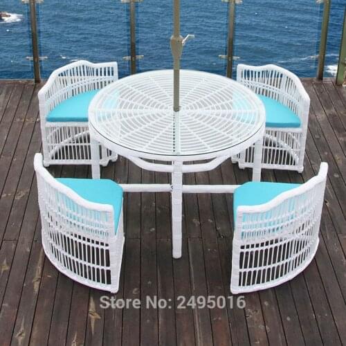 5 Pcs /set Patio Rattan Furniture Set Outdoor Backyard Dining Table and 4 Chairs White with cushions no umbrella