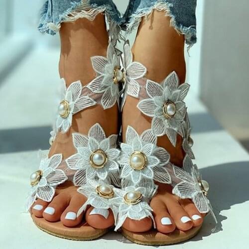 Summer 2020 Ladies Shoes New Ladies Sandals White Floral Flat Sandals Bohemian CasualBeach Shoes For Woman Fashionable Shoes