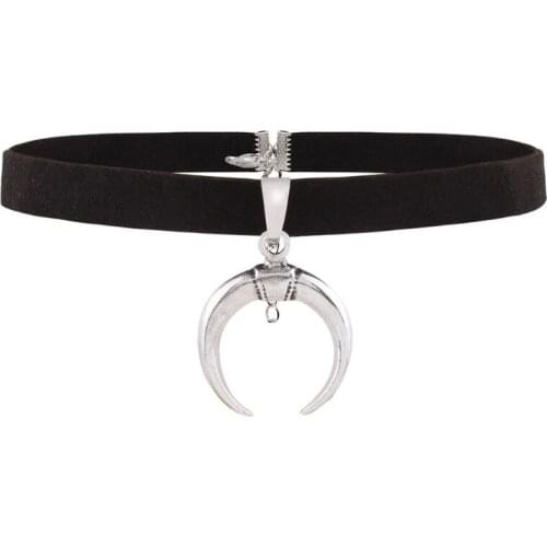Black PU Velvet Ribbon Choker Necklace Gothic Handmade Moon Pendant Sexy Simple Design Female Jewelry Gift