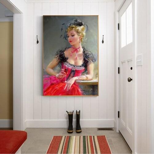 Citon Canvas Oil painting Konstantin Razumov《Fashionable lady holding red wine》Artwork Poster Picture Wall Decor Home Decoration