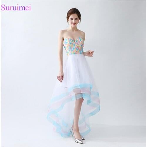 Colorful Girls Prom Gown Organza Sweetheart Handmade Flower Rainbow Short Front Long Back Prom Dresses