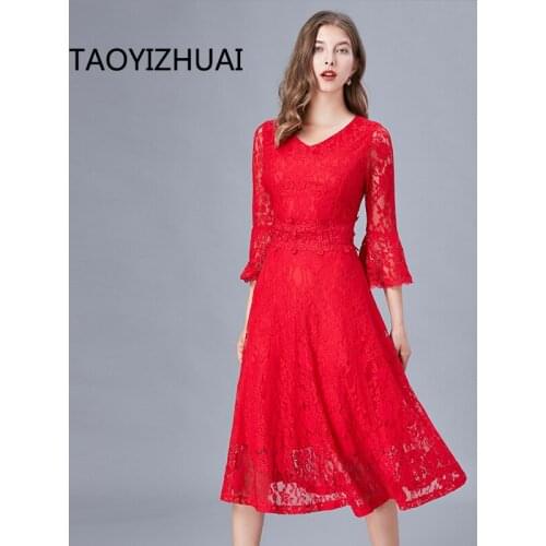 TAOYIZHUAI Red casual dress Spring and Autumn new fashion all-match small fragrance slimming large hem patchwork lace skirt