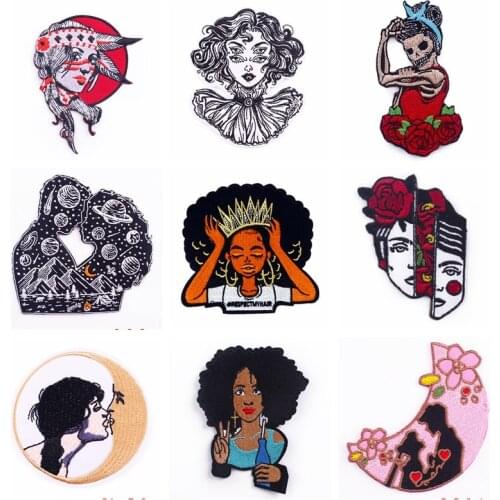 Cute Little Girl Cloth Sticker Embroidered Patch Couple Avatar Flower Moon Crown Iron On Transfers For Clothing Patterned Patch