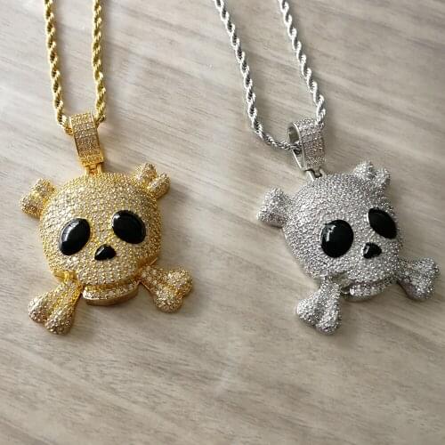 Mens Skull Iced Out Pendant Necklace AAA Cubic Zirconia Hip Hop Rock Jewelry with Twist Chain