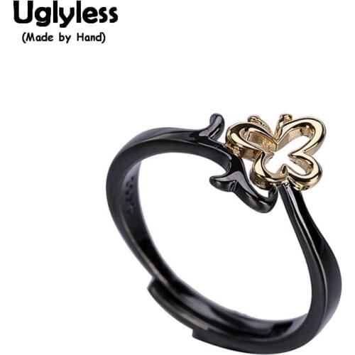 Uglyless New Popular Anti-oxidant Black Silver Rings for Women Hollow Butterfly Open Rings Real 925 Silver Insects Jewelry Cute