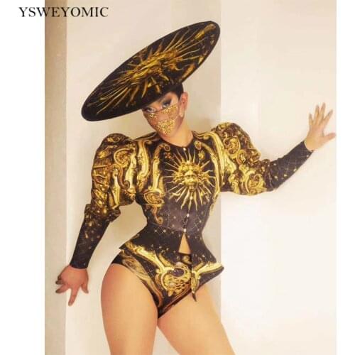 New Style Yellow Gold Bodysuit Cap Birthday Prom Feather Headdress 3 Pieces Set Outfit Evening Women Dancer Show Outfit
