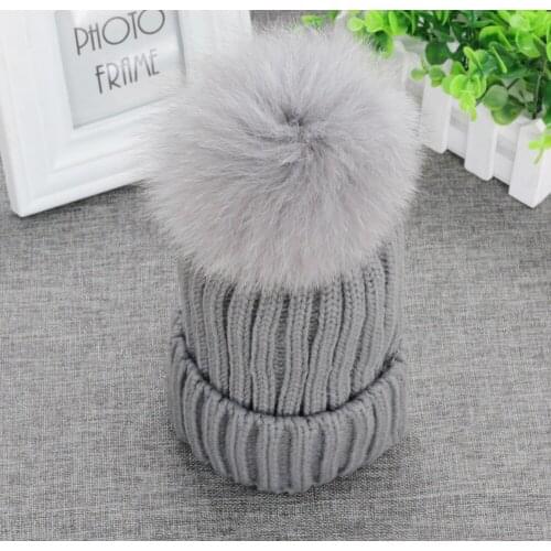 Real Fox Fur Pom Pom 13cm 5.11" Womens Winter Knit Beanie Bobble Hat Crochet Ski Cap Gray
