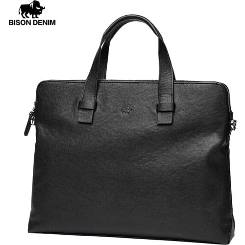 Bison Denim Cowhide Business Briefcase Genuine Leather Men Bag 14" Laptop Handbag Double Zipper Messenger Bags Male Shoulder Bag