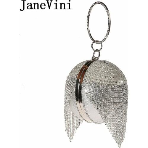 JaneVini Silver Rhinestones Bridal Hand Bags Clutches Ball Crossbody Evening Bags Sparkly Crystal Pearl Chain Party Wristlets