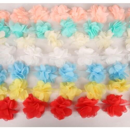 Width 5cm 2Yards/lot 3D Chiffon Cluster Flowers Lace Dress Decoration Lace Fabric Applique Trimming Sewing Supplies