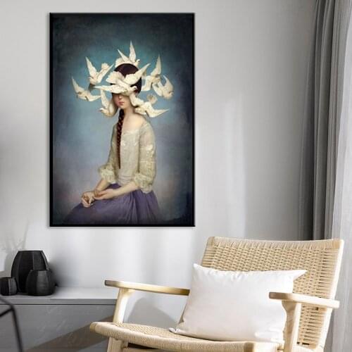 Nordic Minimalist White Pigeon Surround Calm Girl Painting Printed on Canvas Wall Art Picture Home Decor Posters and Prints