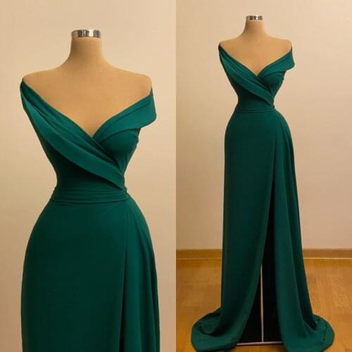 2021 Dark Green Evening Dresses Party Wear Off the Shoulder High Split Mermaid Prom Dress Custom Made Vestidos De Fiesta