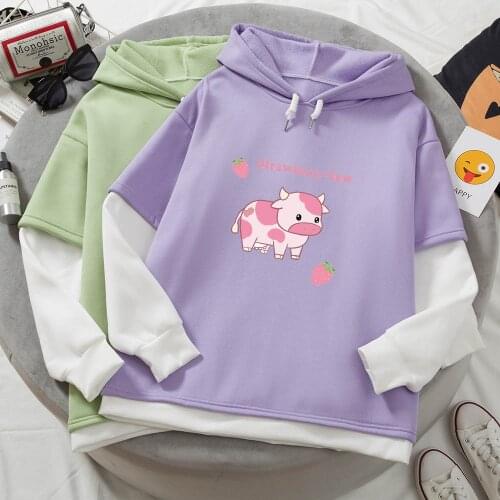 Color Block Sweatshirt Cute Strawberry Cow Hoodies Longline Hoodie Women Warm Drop Shoulder Thermal Kawaii Clothes Harajuku Tops