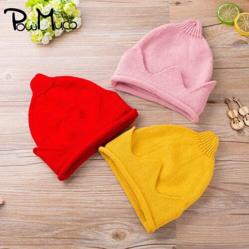 Powmuco Hot Selling Solid Color Knitted Wool Infant Hats Handmade Crochet Crown Baby Girls Caps Autumn and Winter Warm Headwear