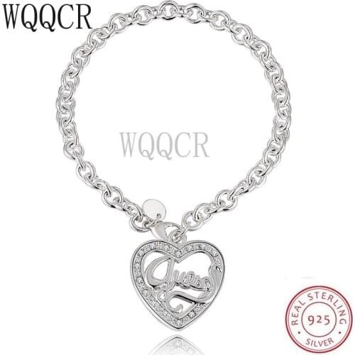 WQQCR 925 Sterling Silver Couple Bracelet English Letter Label Love Heart Pendant Silver Handmade Jewelry Womens Party gift