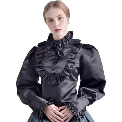 Victorian Blouse Women Vintage Royal Princess Renaissance Medieval Long Sleeve White/Black Ruffled Jabot Lolita Shirt