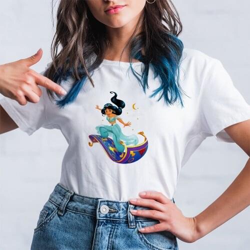 Womens T-Shirts Summer Casual White Tees Princess Jasmine Printing Tshirts Disney Style Kawaii T Shirts Round Neck Dropship