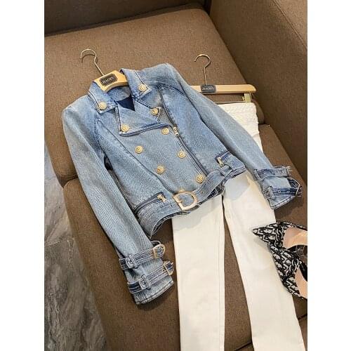 HIGH STREET Newest 2021 Designer new Fashion Womens Lion Buttons blue Denim Motorcycle Biker zipper blazers Jacket