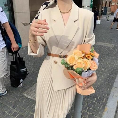 Herstory 2021 Elegant Korean Fashion Woman Lapel Suit Fake Two-piece Dress +Belt High quality office lady Long Vintage Pleated