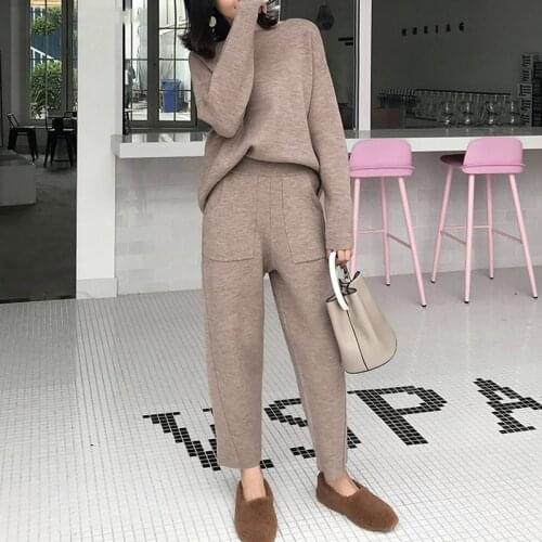 Female Outfits Winter Casual Pullovers Sweater Tracksuits O-neck Long Sleeve Elastic Waist Pants Knitting Two Piece Sets