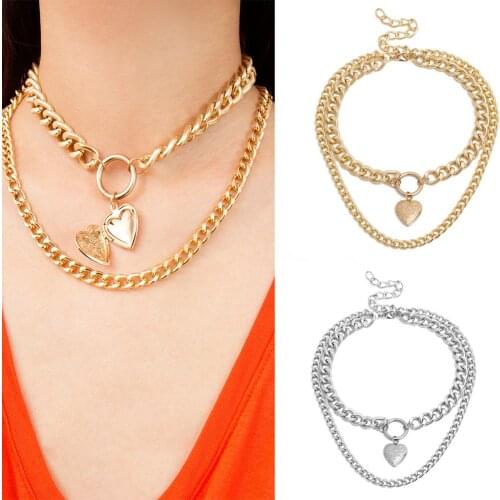 2019 Women Punk Double Layer Love Heart Pendant Thick Curb Chain Choker Necklace Jewelry Gift New