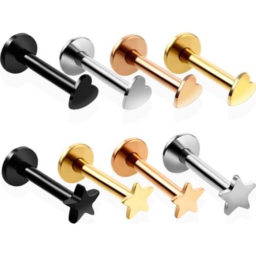 4pcs Steel Heart Star Logo Labret Lip Stud Rings Assorted Colors 16G Ear Cartilage Tragus Helix Barbell Earrings Fashion Jewelry