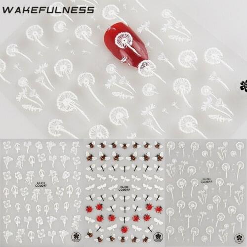 WAKEFULNESS 3D Acrylic Engraved Nail Sticker Colorful Flowers Nail Art Stickers Manicure Decoration Tips Adhesive Decals
