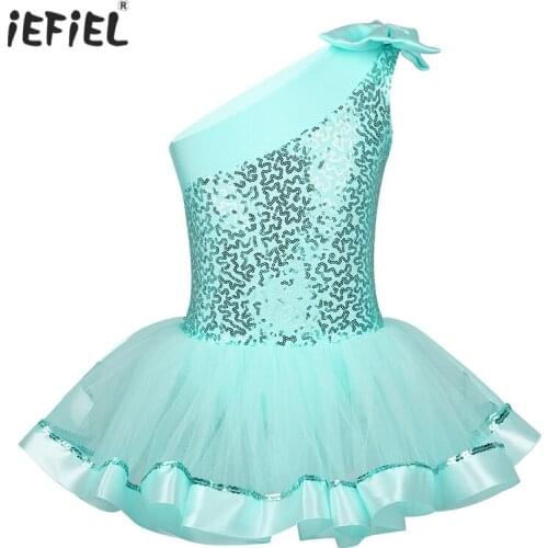 IEFiEL Kids Girls Ballet Dress Gymnastics Leotard One Shoulder Ballerina Girls Dancewear Shiny Sequins Ballet Costume Tutu Dress