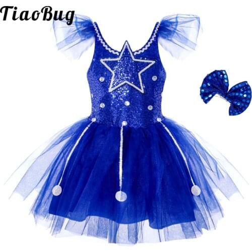 Kids Girls Sequin Dance Dress Shiny Ballet Tutu Leotard Dress Blue Contemporary Jazz Hip Hop Lyrical Stage Dance Costume