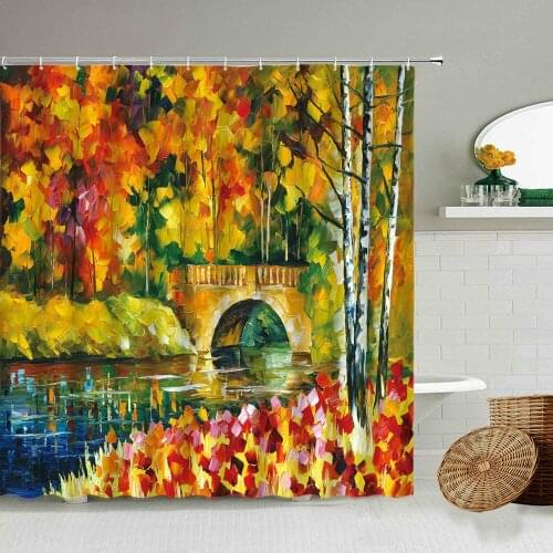 Oil Painting Autumn Scenery Shower Curtain Maple Forest Leaf Arch Bridge Building Landscape Bathroom Wall Decor With Hook Screen