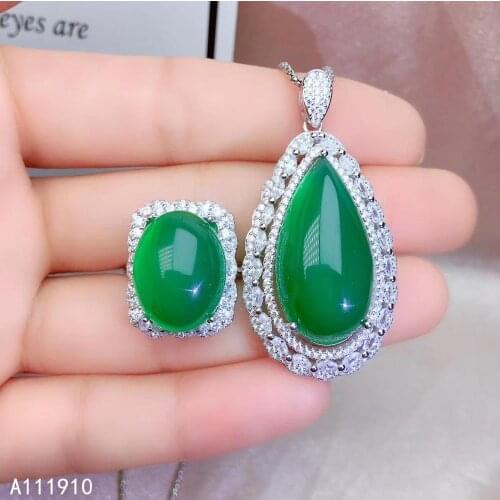 KJJEAXCMY fine jewelry 925 sterling silver inlaid Natural Green chalcedony pendant ring ladies suit support detection trendy