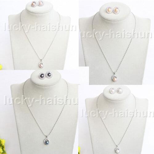 JQHS 16" 16X18mm white pink black purple freshwater pearls necklace pendant pendant Earrings set 18KGP j11330-2