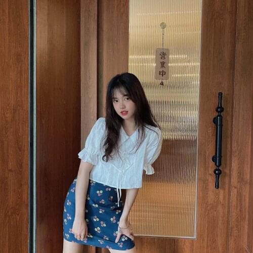 Girl Skirt Set] Summer Skirt Suit Female 2021 New Sweet Girl Short Lapel Shirt + Floral Bag Hip Skirt Two-piece