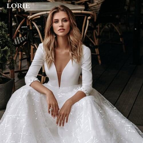 LORIE Lace Wedding Dresses 2020 Long Sleeve V-neck Boho Bridal Gowns Satin Backless White Vestido de noiva Plus size custom-made