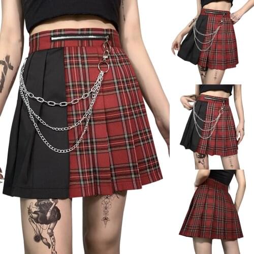 Hirigin New Fashion Womens Mini Pleated Skirt Color Matching High Waist Plaid Print Patchwork Short Skirt with Metal Chain