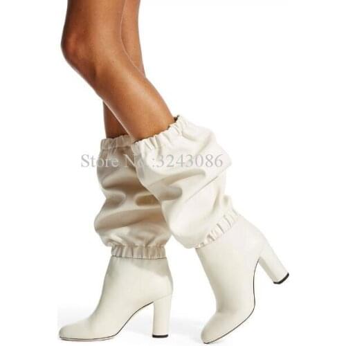 Fashion Loose Pleated Rubber Chunky Heel Women Long Boots New Leather Black White Grey Thick Heel Knee High Boots Large Size
