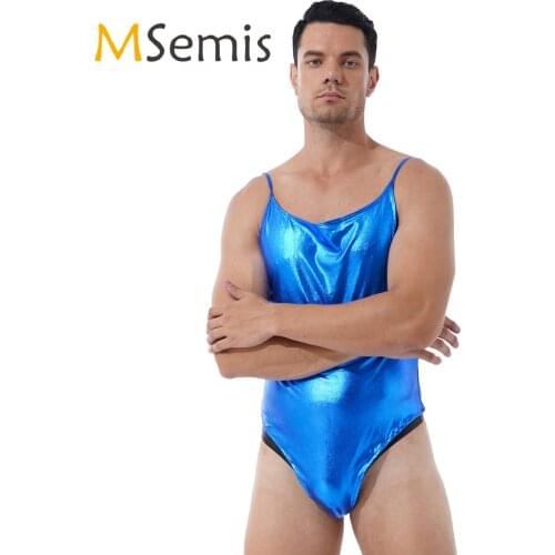 MSemis Mens Sissy Teddies Patent Leather Bodycon Bodysuit Shiny Metallic Solid Color Spaghetti Strap Lingerie Clubwear Costumes