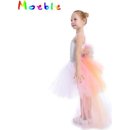 Pastel Rainbow Girls Unicorn Bustle Tutu Dress Summer Dresses For Girls Baby Kids Party Dresses Children Cosplay Costume