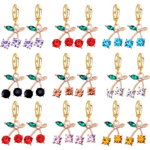 Peixin Cute Gold Cherry Crystal Charm Earrings for Womens Sweet Fruit Cherry Dangle Earrings Jewelry Gifts 2021 Trends