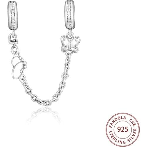Fits Pandora Bracelet 925 Sterling Silver Decorative Butterflies Safety Chain Charms Metal Beads for Jewelry Making Bijoux