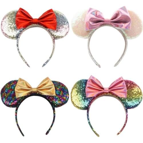 Disney Mickey Minnie hair band ladies color sequins PU bow childrens hair accessories birthday party DIY hair accessories