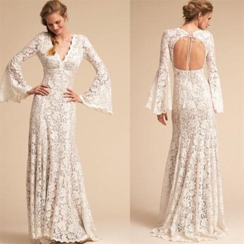 V Neck Beach Style Sweep Train Wedding Dress Elegant Lace Bell Sleeve Backless Bridal Gowns vestidos de mairee Wedding